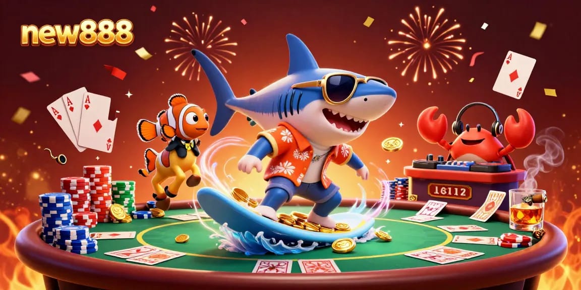 Experience thrilling wins at new888 with a shark surfing on golden coins and poker elements swirling around.