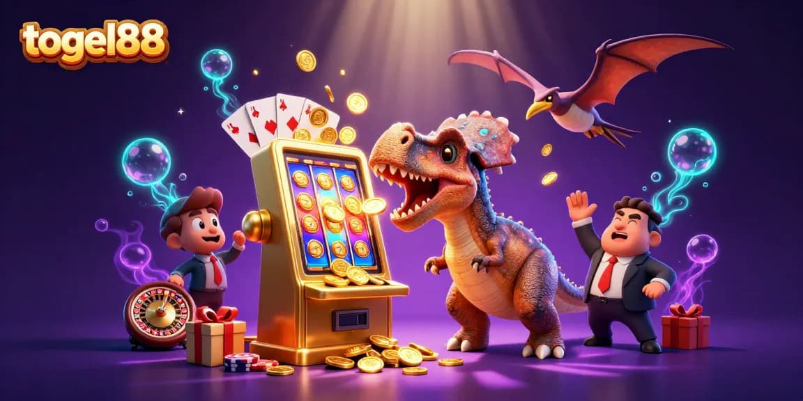 Togel88 menarik jackpot dengan dinosaurus dalam ilustrasi kasino yang penuh warna dan dinamis.