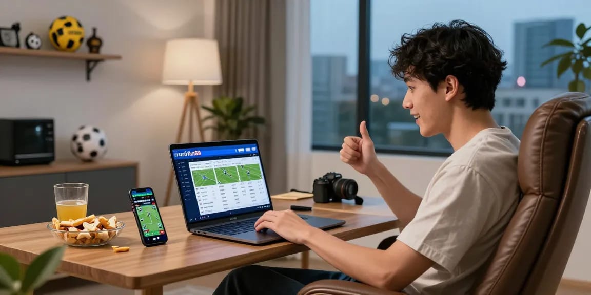 Exciting home office sports betting scene with ทางเข้าfun88 ล่าสุด ไม่โดนบล็อก displayed on the laptop, inviting atmosphere.