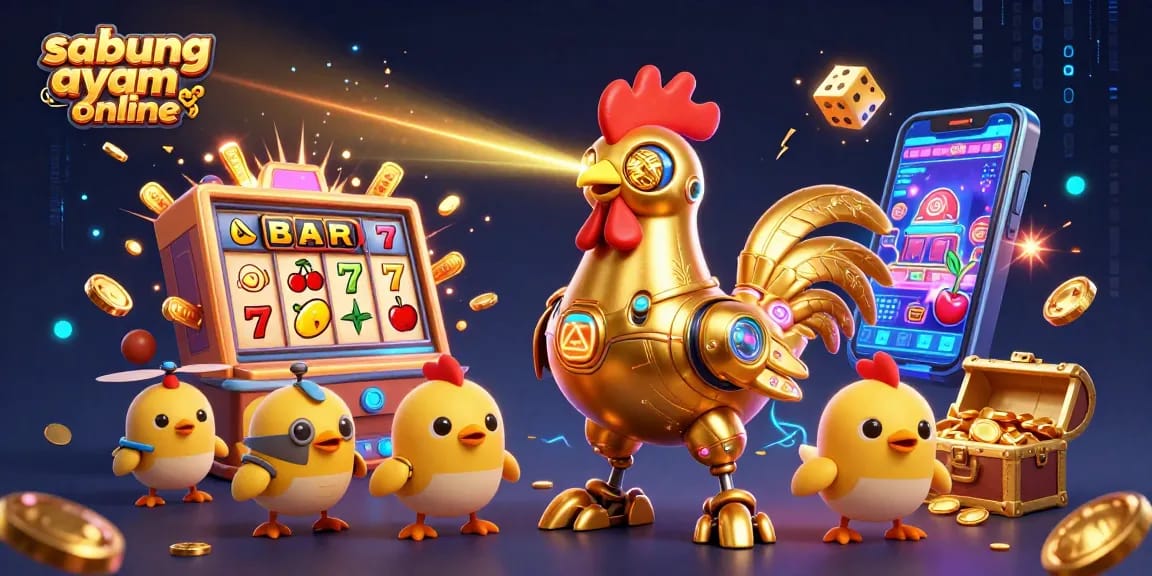 Engage in sabung ayam online with a dynamic 3D illustration featuring a golden rooster robot and baby chick drones.