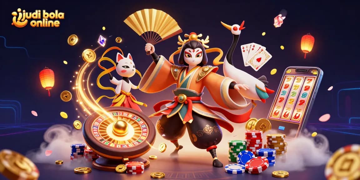 Engage in judi bola online with vibrant characters and dynamic casino elements, showcasing lively gambling action.
