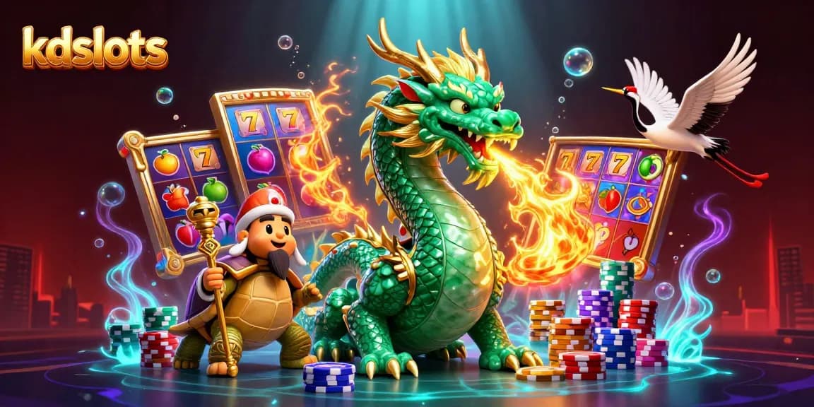 KDSlots features a vibrant scene with a jade dragon, lucky cranes, and colorful slot elements, enhancing the excitement.