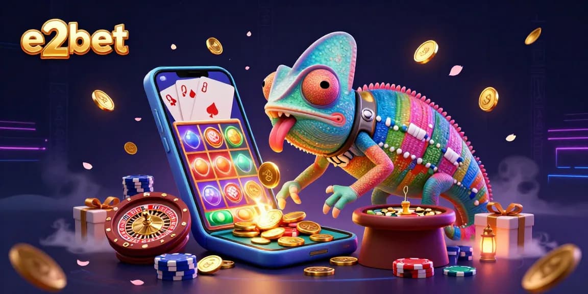 Experience excitement with e2bet's vibrant 3D casino illustration showcasing winning games.