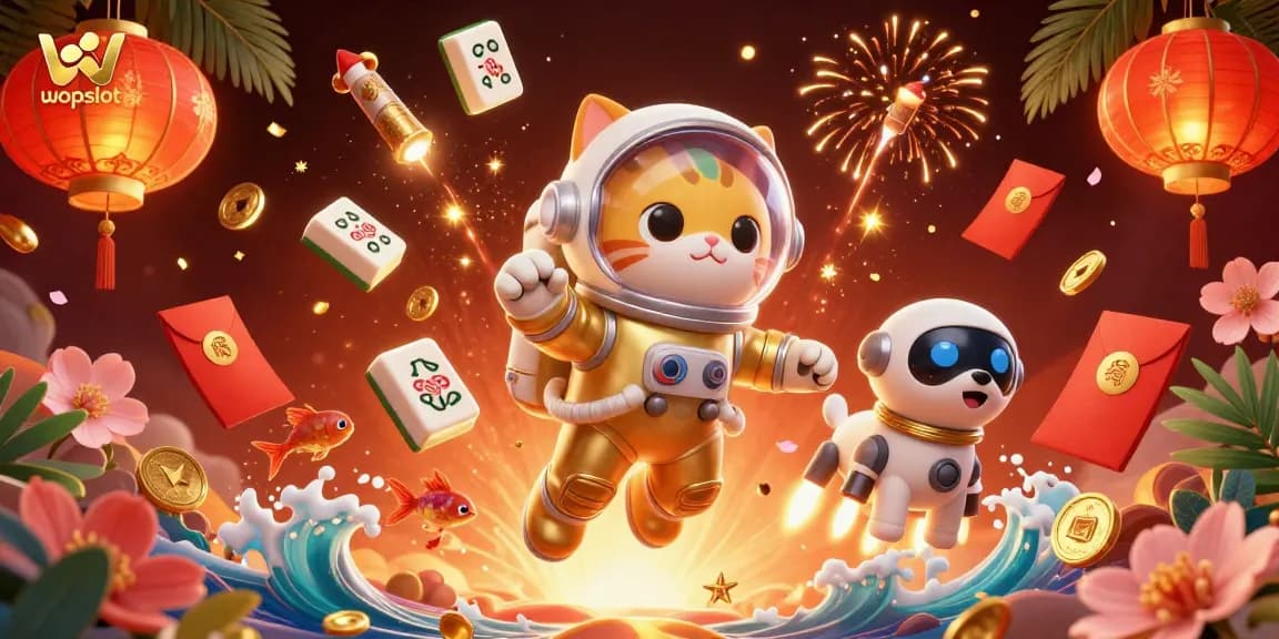 Engage with wopslot's vibrant 3D scene featuring mahjong and casino elements, perfect for immersive gaming.