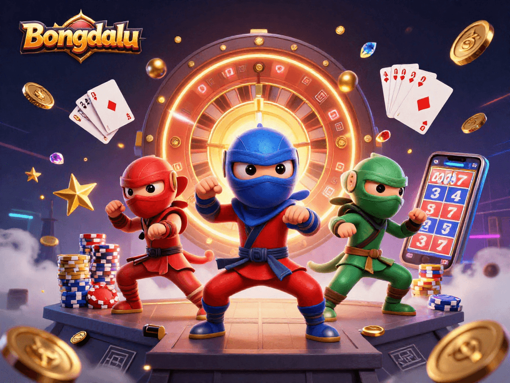 Bongdalu showcases ninja chameleons in a dynamic casino scene with golden coins and roulette excitement.