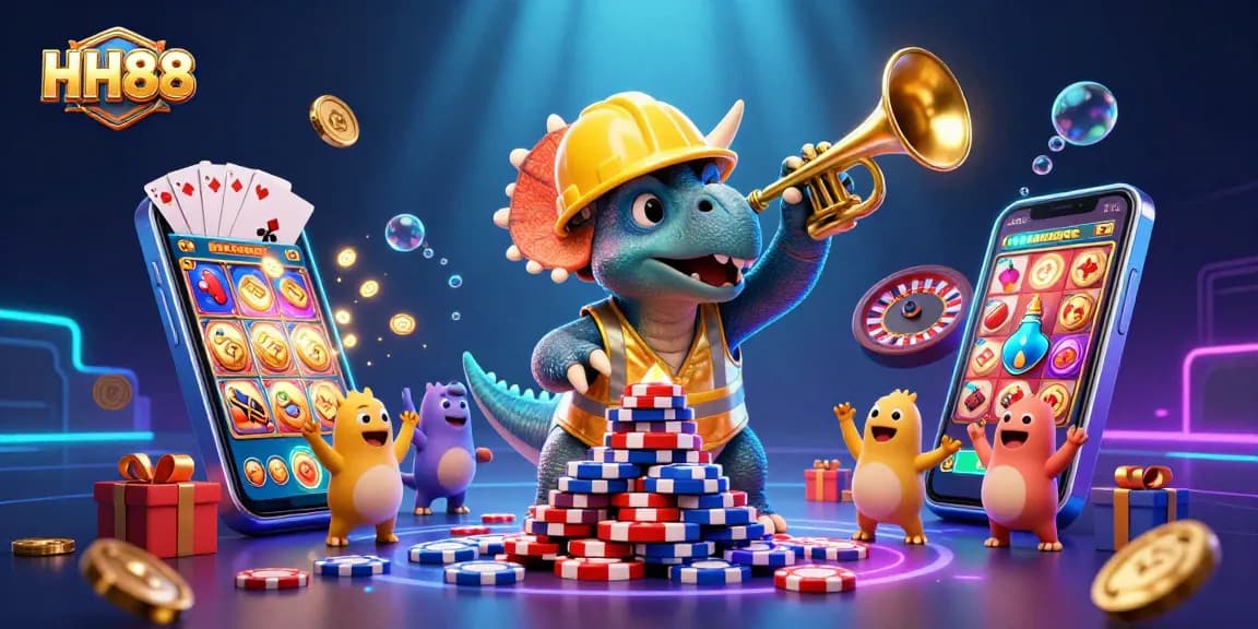 Engage with HH88's vibrant casino atmosphere featuring cartoon characters in a thrilling gaming scene.