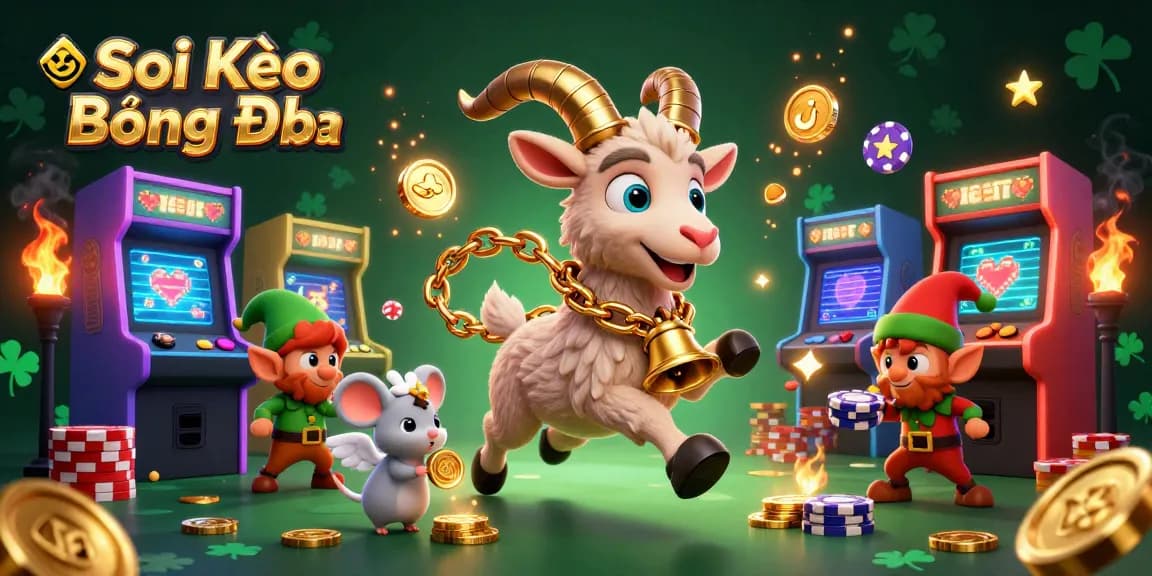 Soi Kèo Bóng Đá casino scene with a 3D Krampus goat, angel mouse, and elf gremlins stealing chips