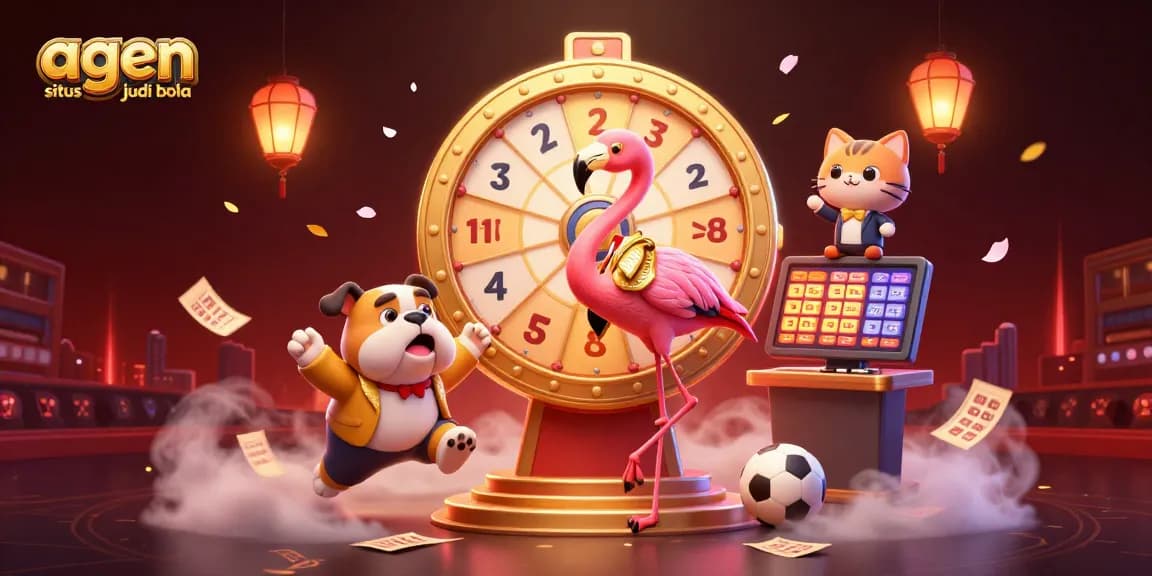 Engage in thrilling sports betting action with agen situs judi bola featuring a festive game show scene.