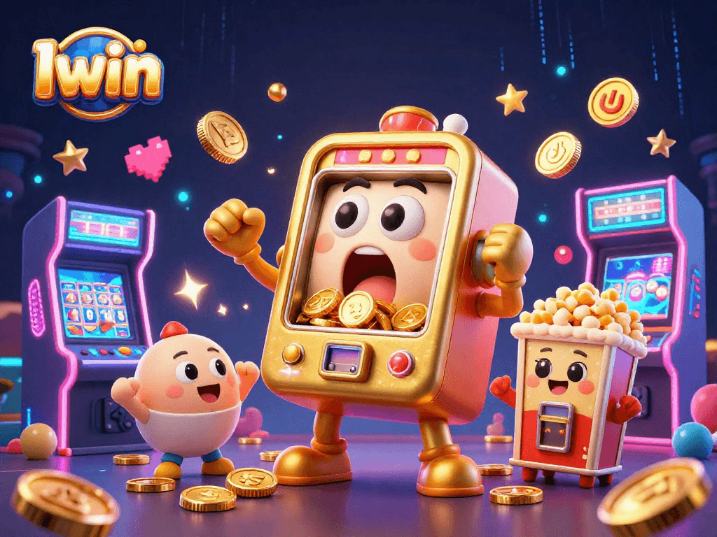 Iwin jackpot-winning slot machine surprises as coins spill in a vibrant casino scene.