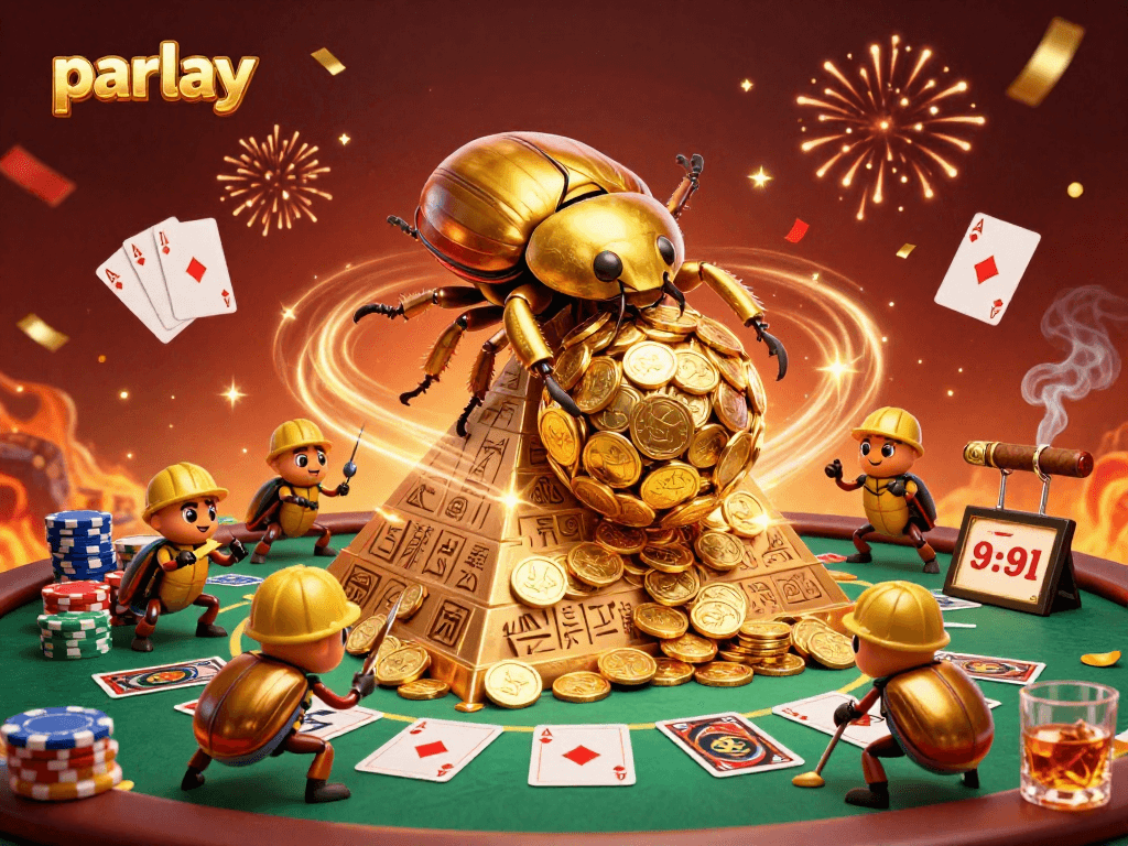 Experience thrilling parlay betting with a vibrant scene of golden beetles and casino symbols.