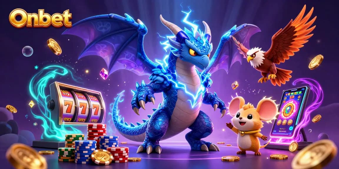 Onbet thrillingly showcases a thunder dragon, roulette, and slot reels in a captivating casino scene.