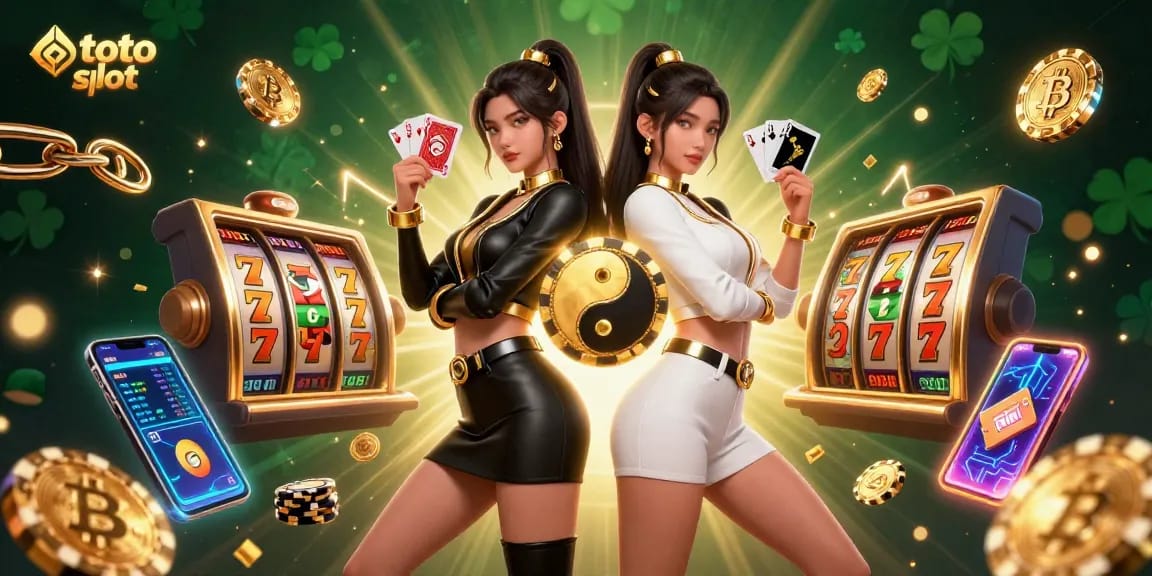 Engage with the exciting toto slot experience depicted by twin female players surrounded by vibrant gambling elements.