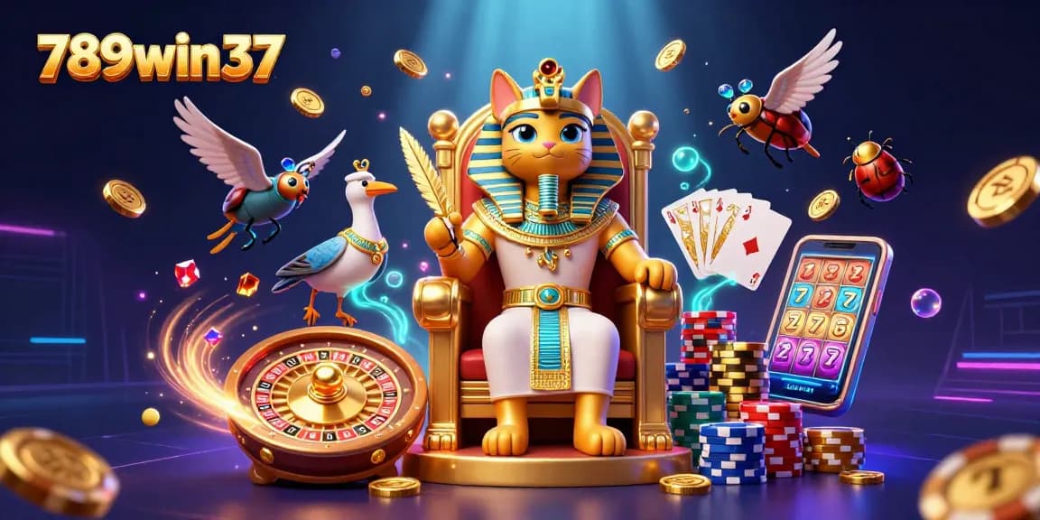 Experience the thrill of 789win 37 with a captivating scene featuring a pharaoh cat, roulette wheel, and sparkling gems.