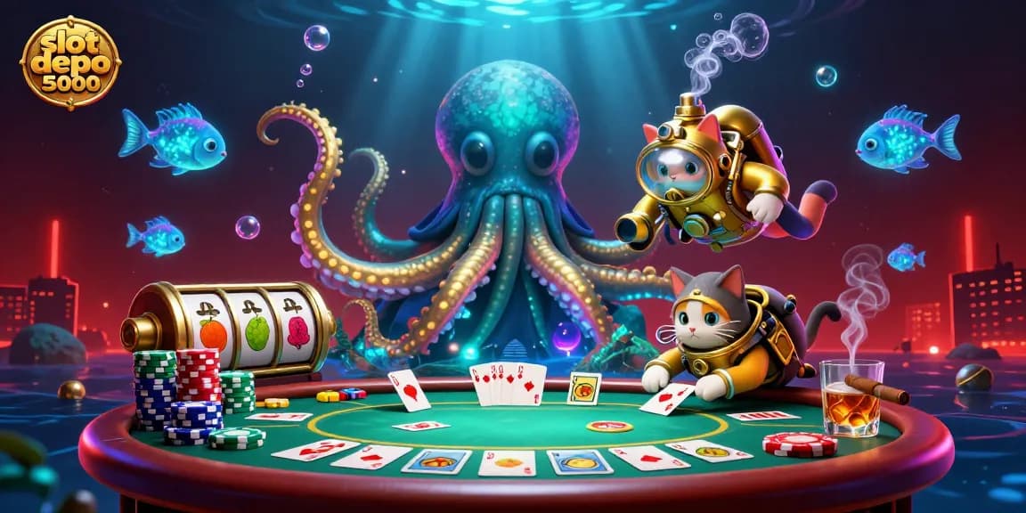 Engage with slot depo 5000 through an exciting 3D illustration of a kraken and diving cat amidst vibrant casino elements.