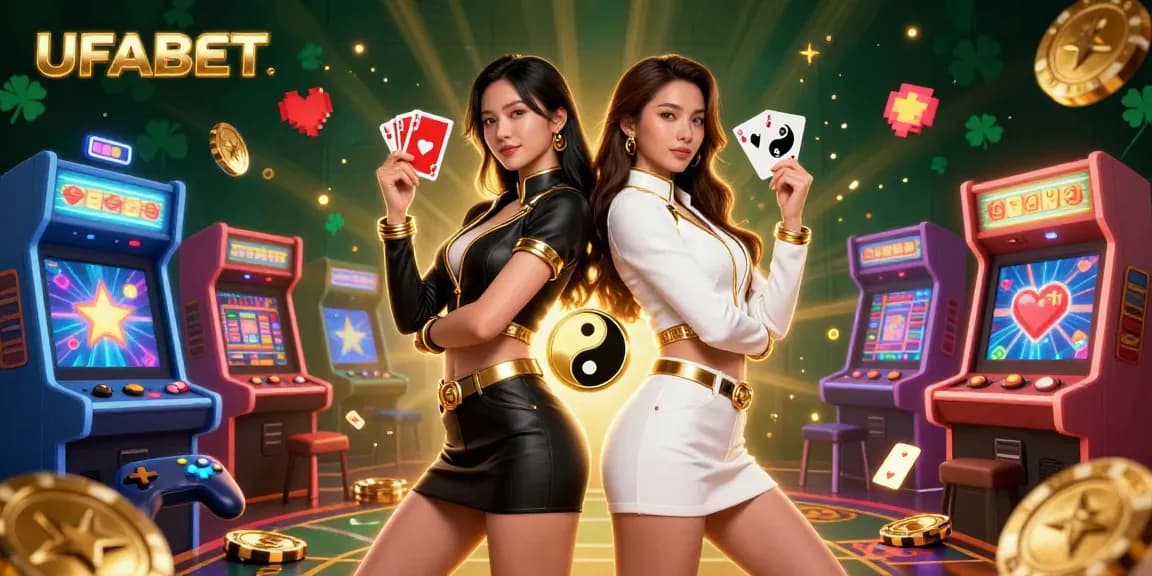 Experience exciting gameplay with UFABET featuring twin Asian women showcasing powerful poses and vibrant casino elements.