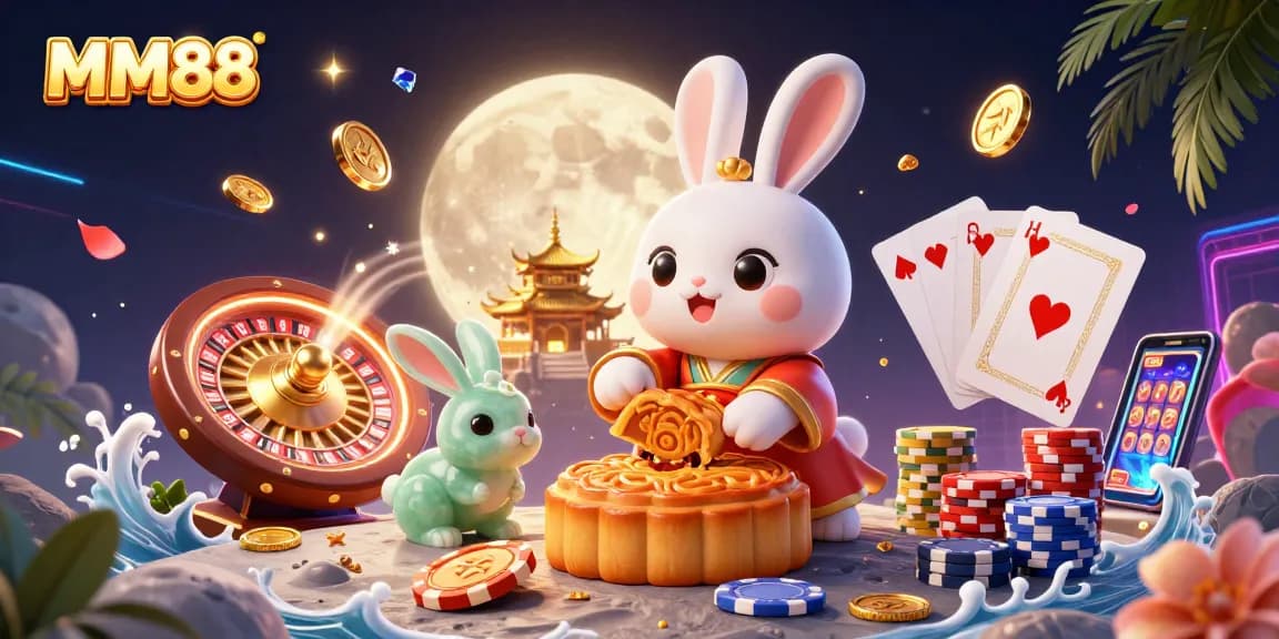 Experience thrilling gaming with MM88's captivating moon rabbit scene and a vibrant gambling atmosphere.