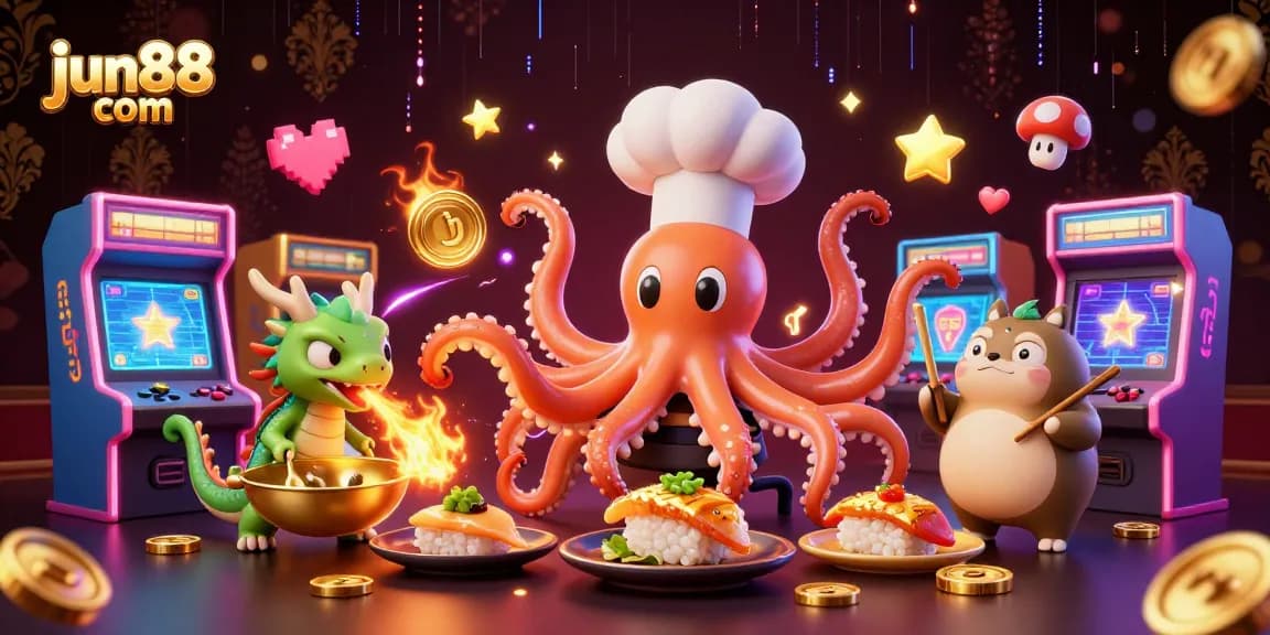 Engage with the exciting games at jun88 com featuring a vibrant octopus chef and dragon in action.