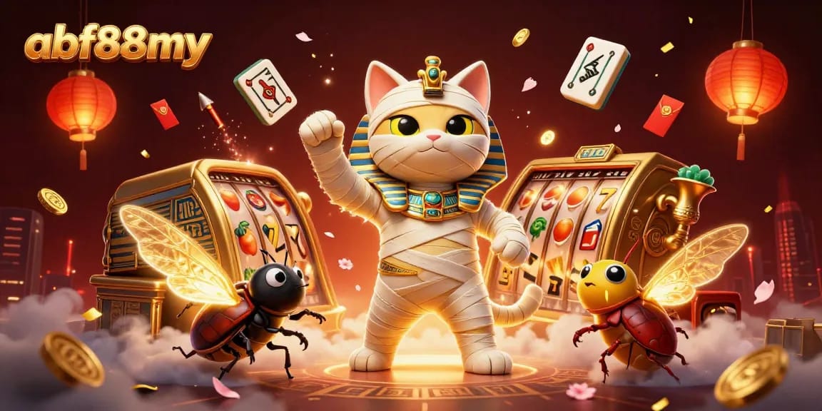 Play exciting games at afb88my featuring a cartoon mummy cat in a vibrant casino.