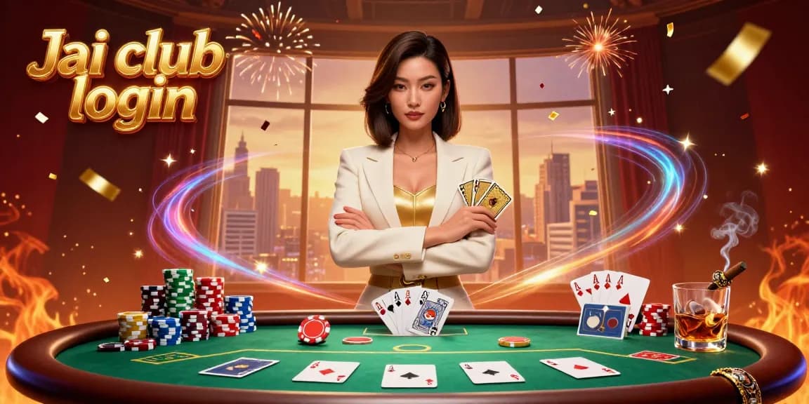 Engage with the thrilling Jai club login scene, showcasing cards and poker chips amidst festive confetti.