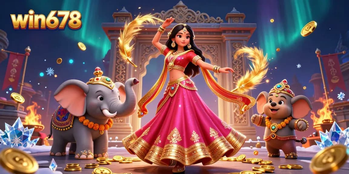 Engage with win678's vibrant casino experience featuring an Asian woman and a bejeweled elephant.