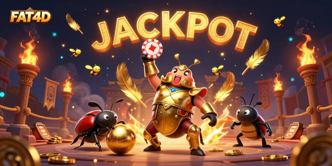 FAT4D unleashes a victorious hercules beetle celebrating a jackpot with engaging casino elements.