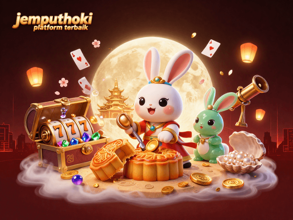 Engage with the jemputhoki platform terbaik illustrated with a vibrant scene of moon rabbits, poker chips, and casino elements.