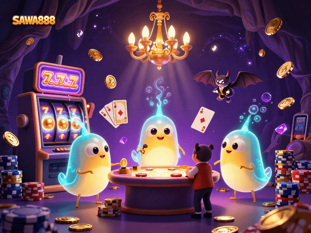 Experience the fun of SAWA888's vibrant online slot gaming with bioluminescent glowworms and golden coins.