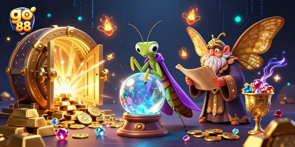 Experience rich gameplay with go 88, as cartoon characters reveal hidden treasures in a mystical casino scene.