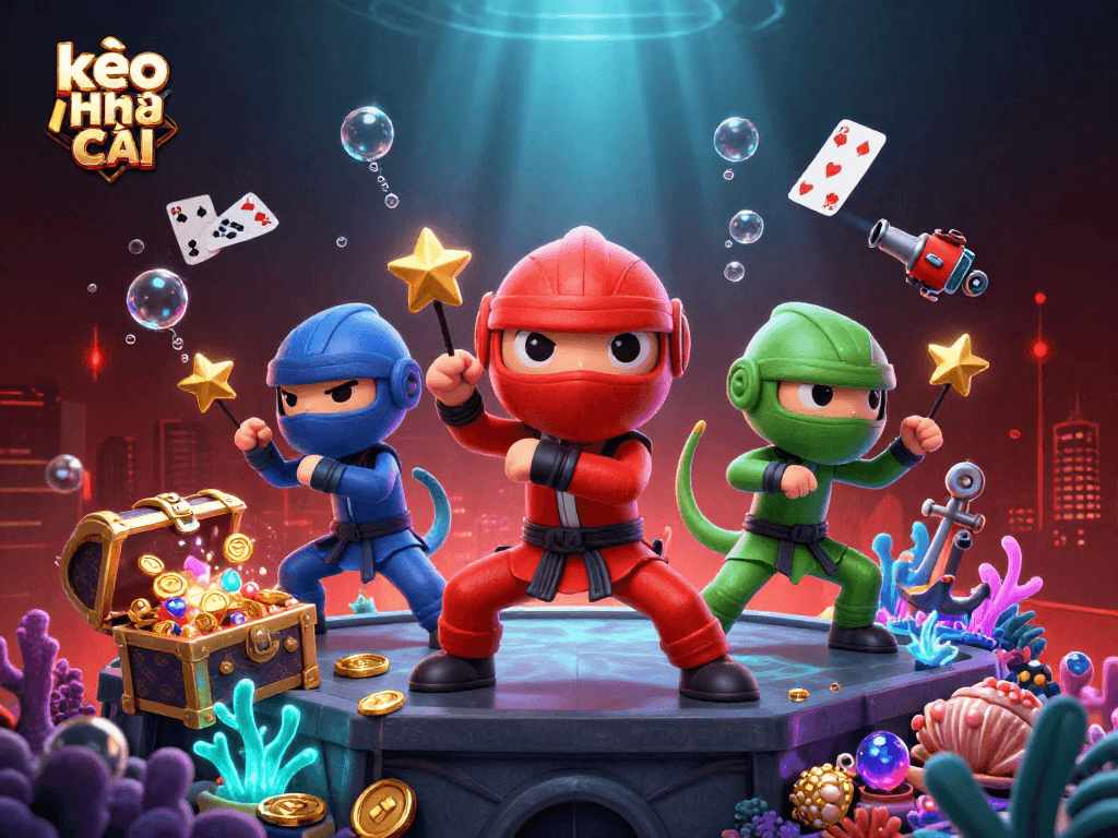 Synchronized martial arts poses by kèo nhà cái ninja chameleons amidst vibrant casino treasures and underwater elements.