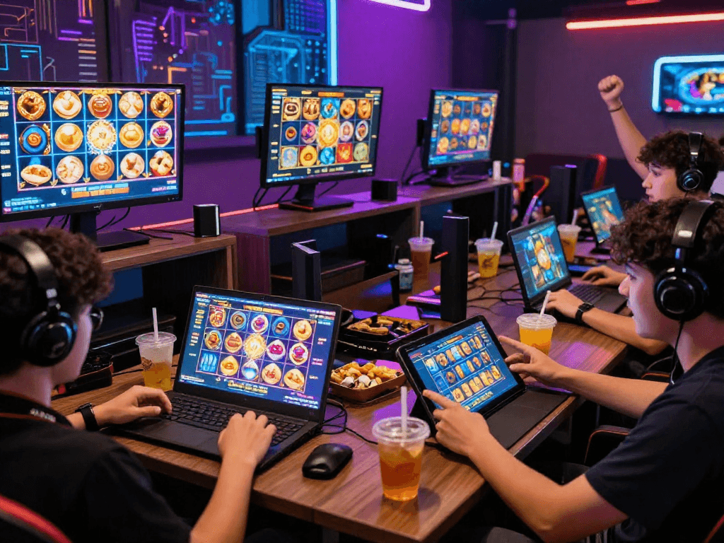 GARUDA55 gaming portal with players enjoying vibrant online slots, showcasing excitement and community.