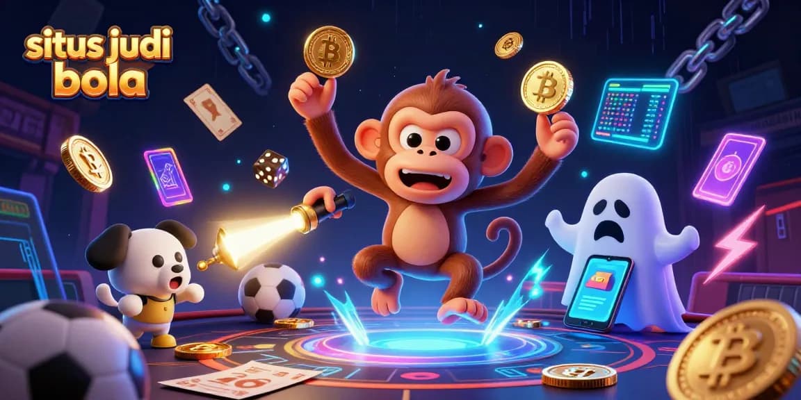 Bet on situs judi bola with engaging visuals of mischievous characters and sports-themed elements.