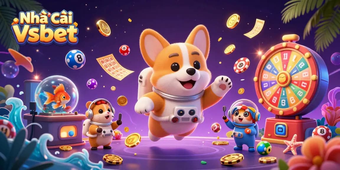 Experience fun gaming at Nhà cái Vsbet with vibrant lottery balls, a cheerful astronaut corgi, and dynamic casino games.