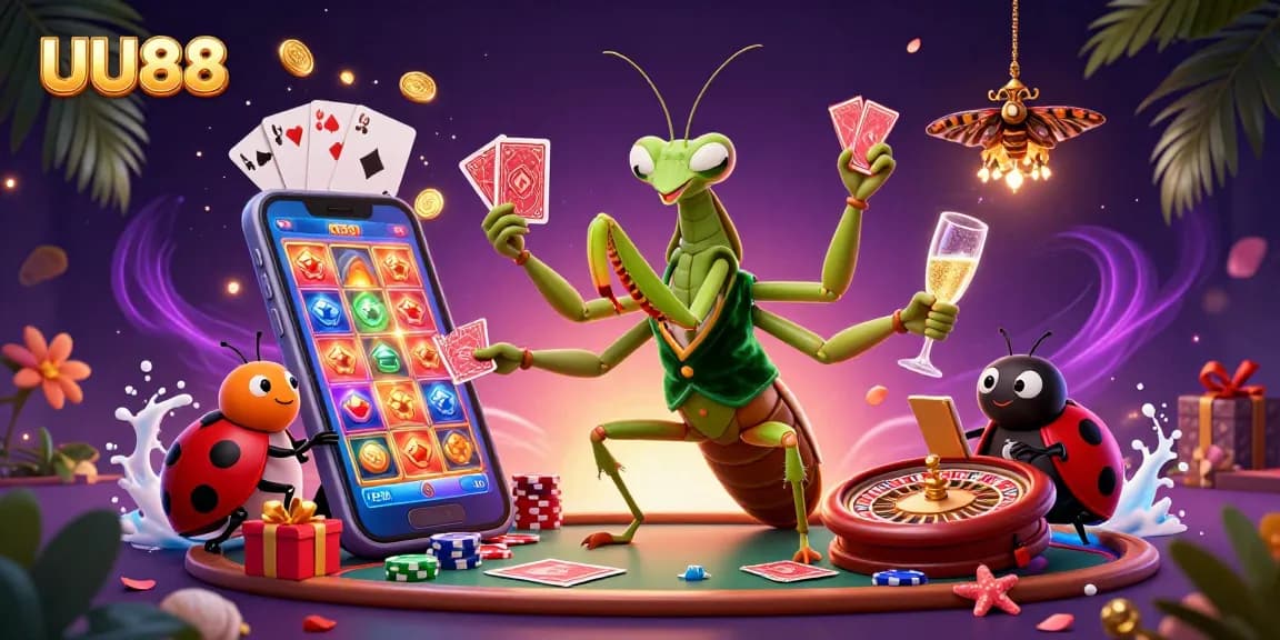 UU88 card sharp and pit boss engaging players with a vibrant casino scene, loaded with slot games, chips, and excitement.