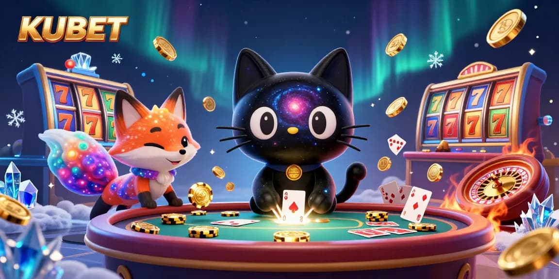 KUBET attracts players with a cosmic cat and colorful fox at a vibrant casino table.