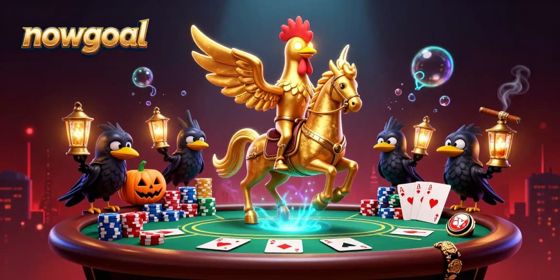 Engage in thrilling gameplay with Nowgoal’s immersive scene featuring golden rooster, poker elements, and dynamic casino atmosphere.