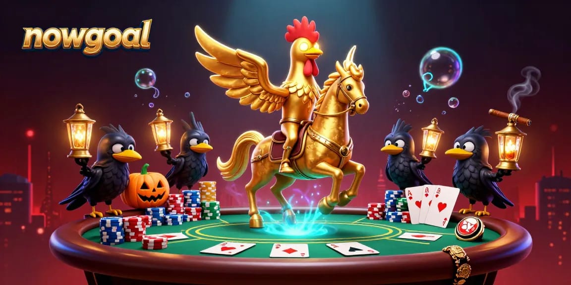 Engage in thrilling gameplay with Nowgoal’s immersive scene featuring golden rooster, poker elements, and dynamic casino atmosphere.