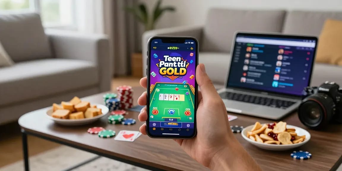 Teen Patti Gold app on smartphone, showcasing competitive online gaming experience with vibrant visuals.