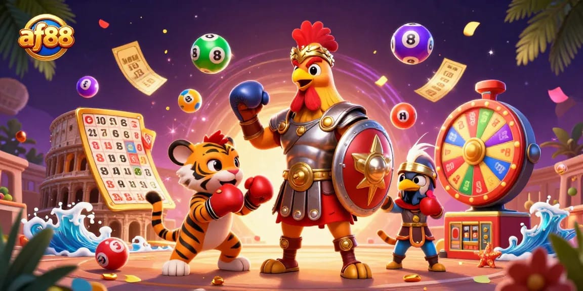 af88 brings thrilling action with colorful lottery elements and dynamic characters in an exciting casino scene.