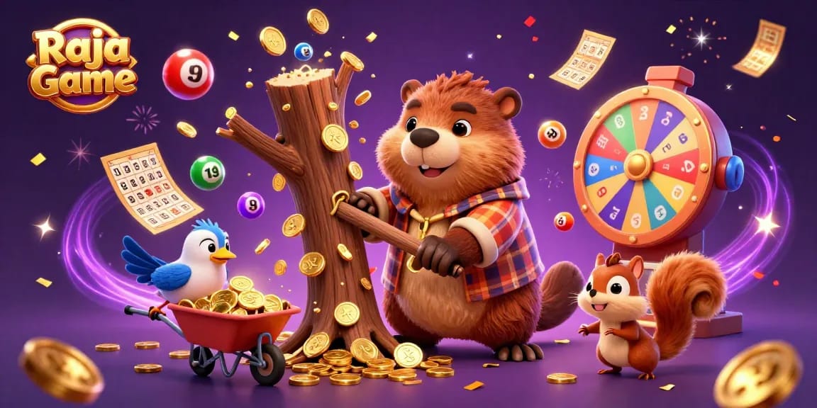 Play exciting games on Raja Game with a vibrant scene featuring cartoon characters while winning rewards.