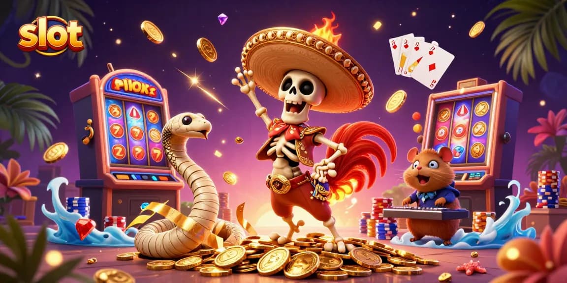 Spin the slot reels with a vibrant skeleton mariachi rooster, golden coins, and festive energy.