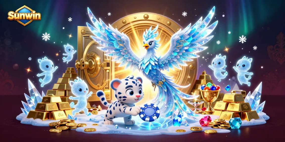Engage in thrilling gameplay with Sunwin’s stunning ice phoenix and playful snow leopard in a vibrant casino world.