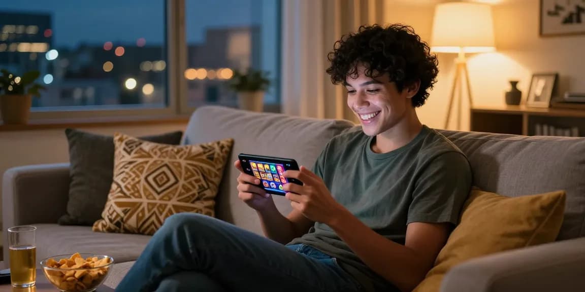 Engaging mobile gaming scene featuring earning games with player immersed in colorful slots.