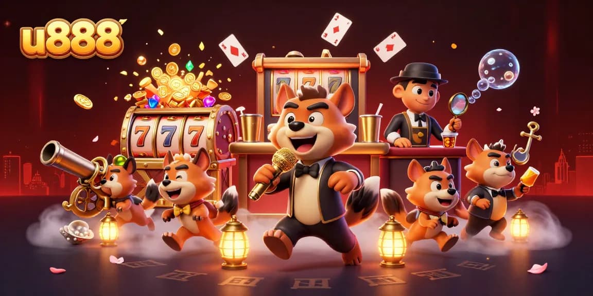 Join the fun at u888's comedy casino with lively hyenas, golden slot reels, and vibrant underwater treasures.