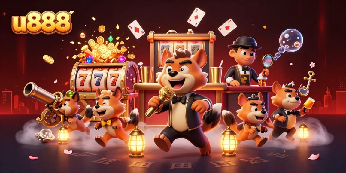 Join the fun at u888's comedy casino with lively hyenas, golden slot reels, and vibrant underwater treasures.