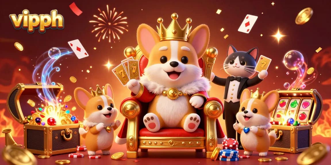 Engage with vipph's vibrant casino scene featuring a royal corgi atop poker chips in a dynamic illustration.