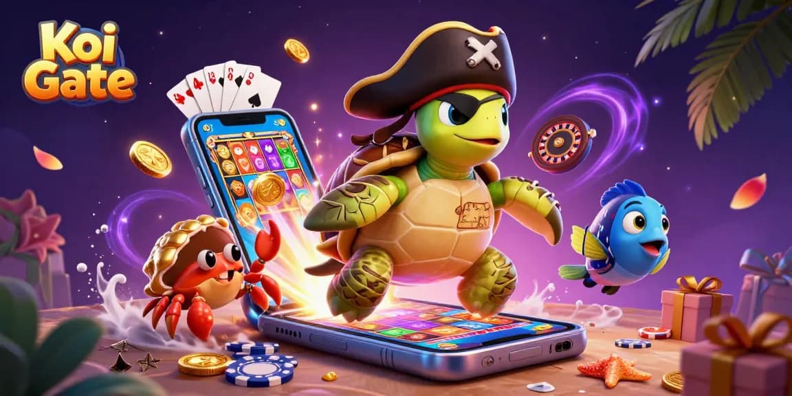 Koi Gate enhances gaming action with a vibrant 3D illustration of a pirate-themed scene featuring a turtle, crab, and fish amid animated casino elements.
