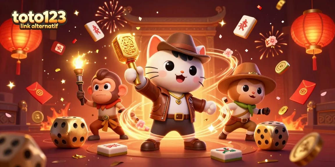 Engage with the dynamic toto123 link alternatif scene featuring a cartoon archaeologist cat discovering casino treasures.