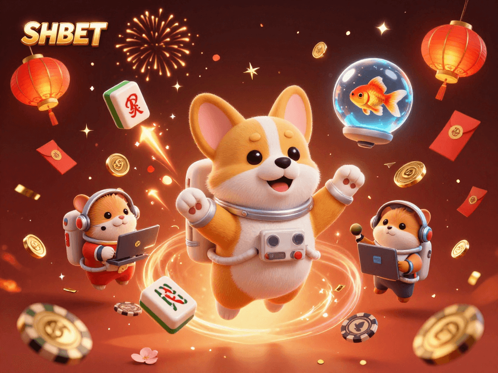 Experience SHBET's vibrant atmosphere with fun characters in a digital casino scene.