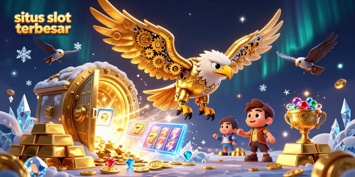 Gambarlah situs slot terbesar dengan slot gulungan emas dan elang cybernetic.