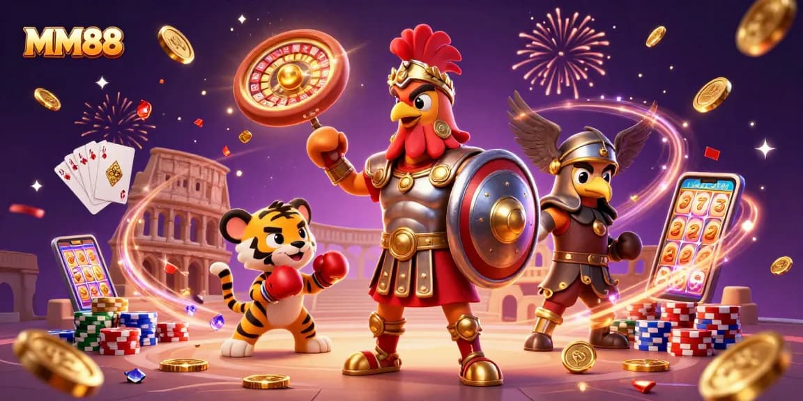 MM88 showcases a dynamic gambling scene with vibrant characters amidst cascading coins and games.